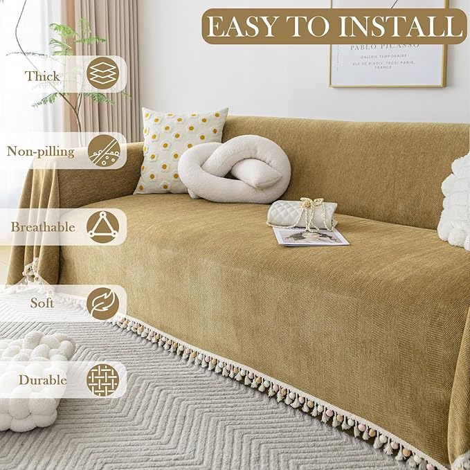 HANDONTIME Couch Covers for Pets Boho Mustard Yellow Love Seat Couch Covers - Image 3