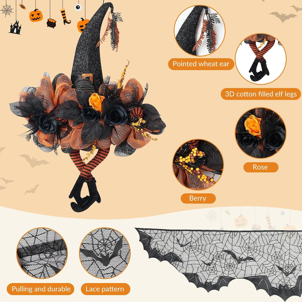 Halloween Wreath for Front Door, Witch Hat & Spiderweb Mantel Scarf Set