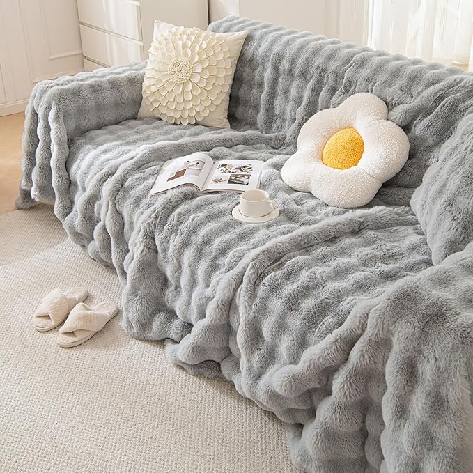 HANDONTIME Plush Sofa Covers Washable Rabbit Plush Couch Cover Soft Cozy Faux - Image 8