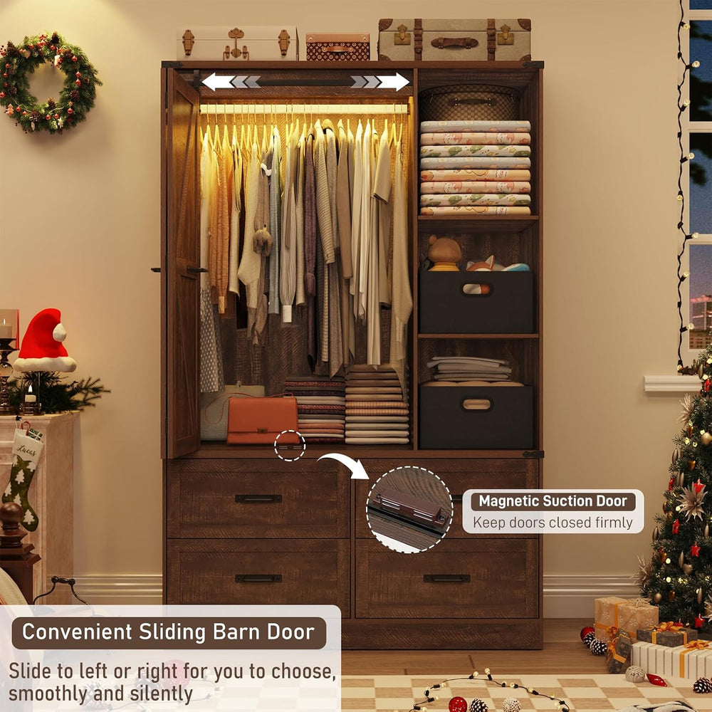 Farmhouse 3 Doors Armoire Wardrobe Closet w/Folding Sliding Barn Door and Lig...