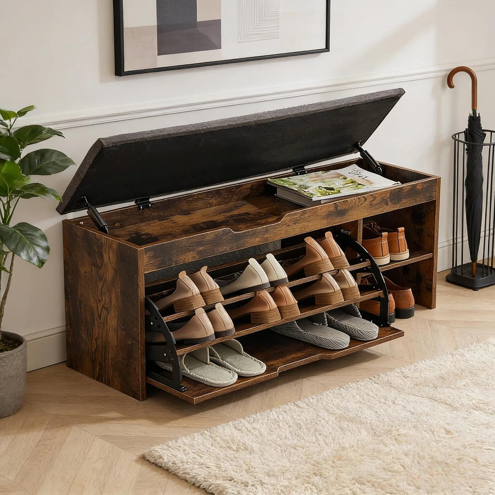 Shoe Storage Bench with a Flip Drawer, Entryway Bench with Removable Cushion,...