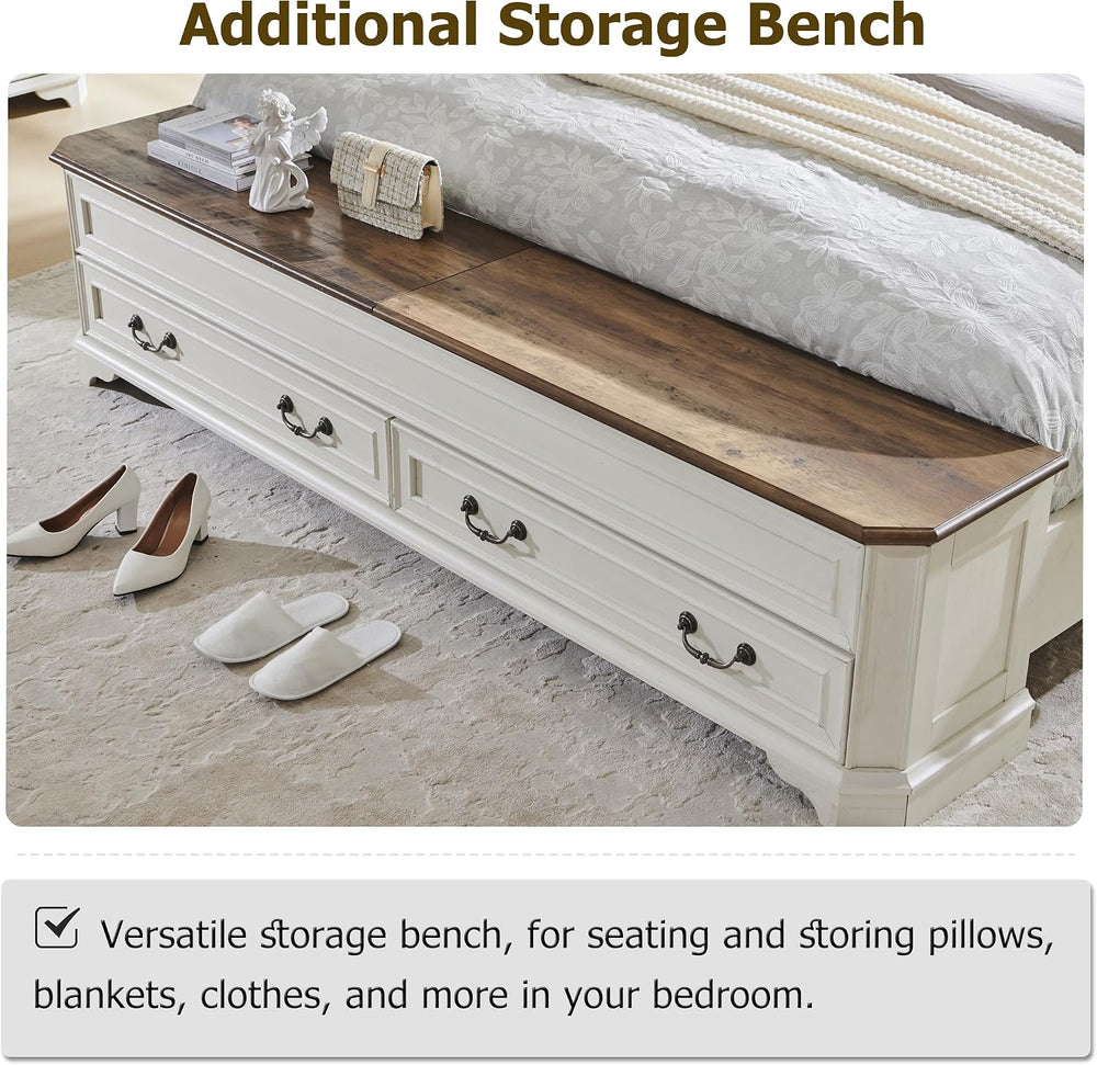 T4TREAM Farmhouse Queen Bed with Headboard and Storage Bench(Antique White)