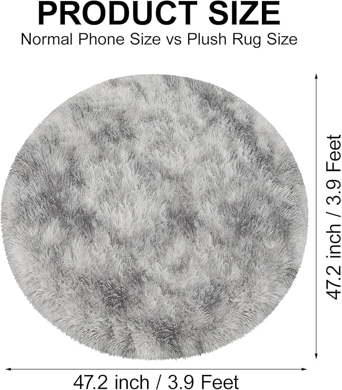 4x4 ft Tie Dye Grey Round Rug for Bedroom Room Fluffy Circle Rug Furry Carpet - Image 2