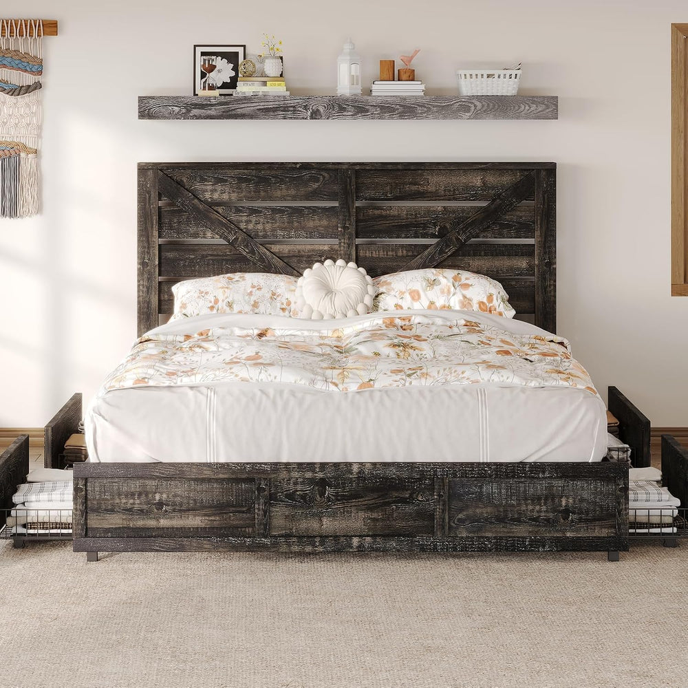 Queen Size Wooden Bed Frame with 4 Storage Drawers