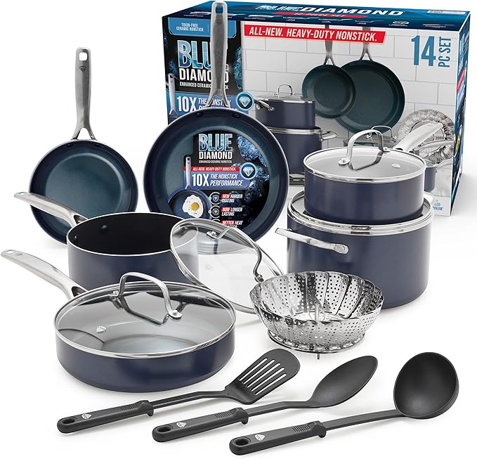 Blue Diamond 14 Piece Cookware Set, Diamond Infused PFAS & PFOA-Free Ceramic by BlueDiamondCookware