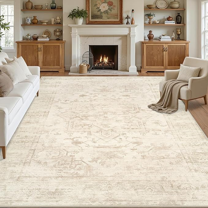 8x10 Area Rugs for Living Room: Vintage Boho Neutral Washable Rug Indoor Soft by Luxturiy