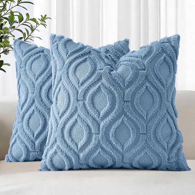 decorUhome Throw Pillow Covers 20x20 Inch Set of 2, Soft Plush Faux Wool Blue by decorUhome