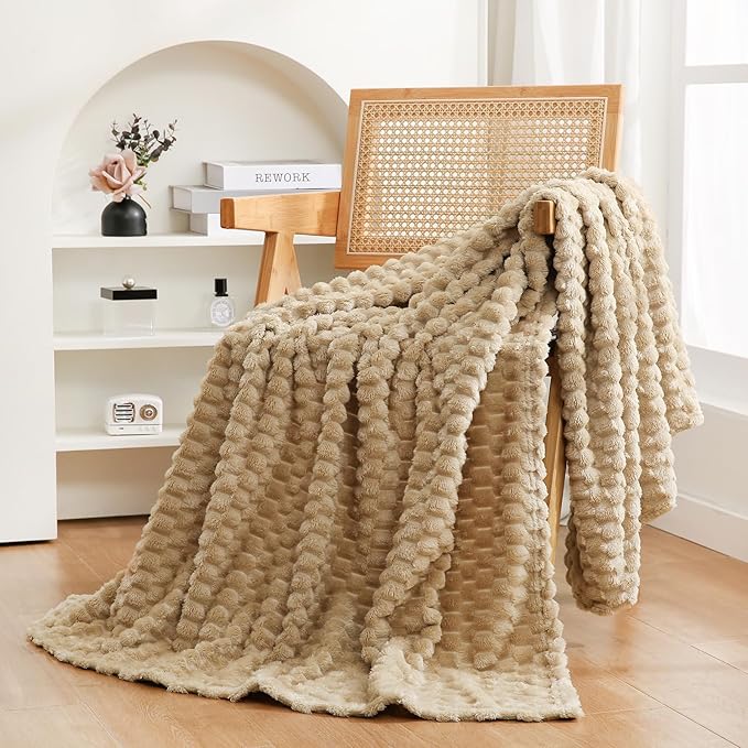Puncuntex Beige Throw Blanket 60"×80" inches Fuzzy 3D Jacquard Decorative by Puncuntex