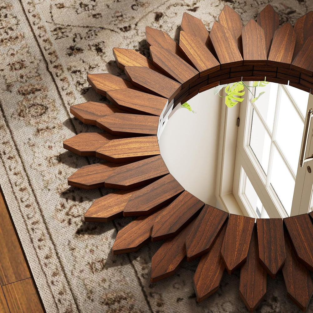 20" Walnut Round Sunburst Wooden Mirror Boho Rustic Wall Decor