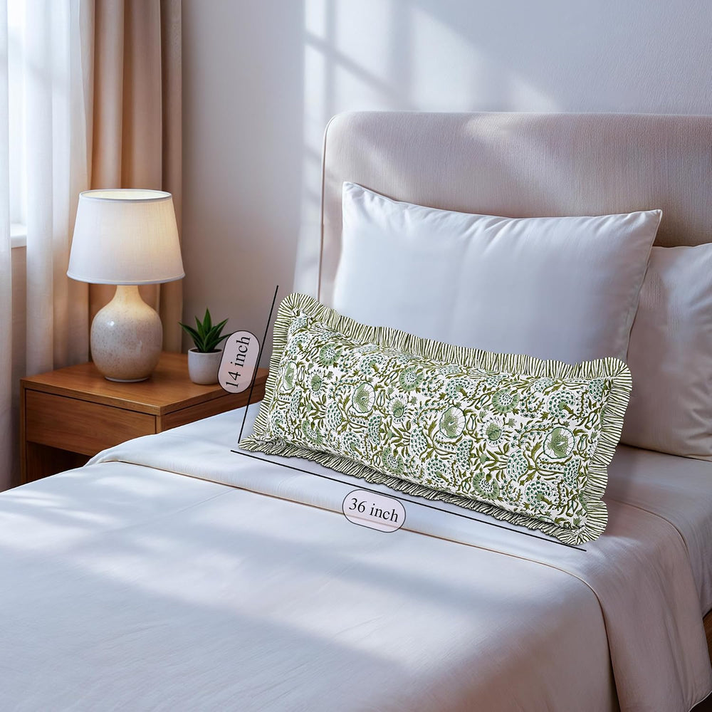 CPC Agate Green Block Print Ruffle Sham Pillow Cover 14x36 Inch, Pack of 1