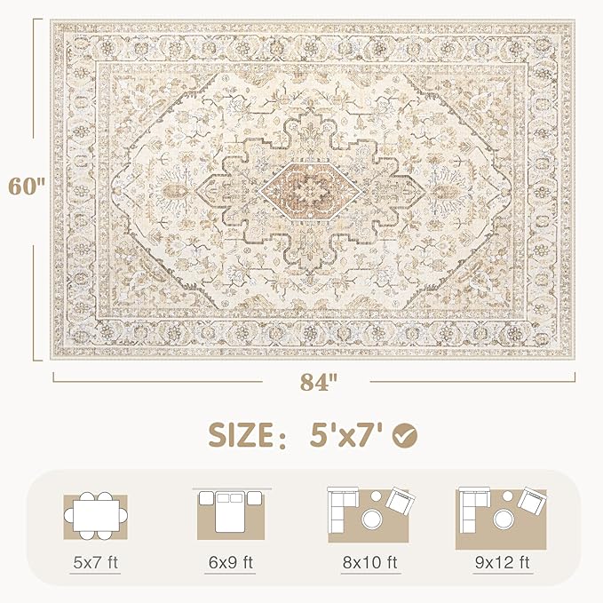 Area Rugs 5x7 Vintage Rug: Washable Living Room Rug Retro Medallion Distressed - Image 2