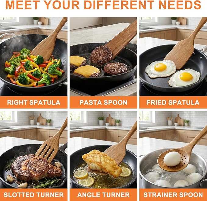 8 Pcs Best Non Toxic Kitchen Utensil Set Teak Wooden Cooking Spoons Nonstick - Image 7