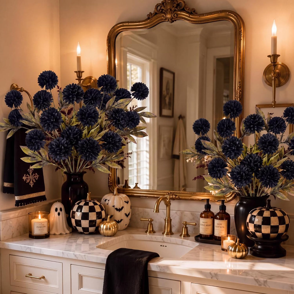 Knitgrip 8 Pcs Faux Silk Pom Pom Mum Artificial Flowers, Black