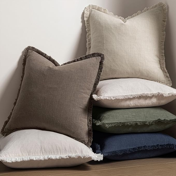 MIULEE Decorative Throw Pillow Covers Neutral Linen Fringe Throw Pillows Euro - Image 5
