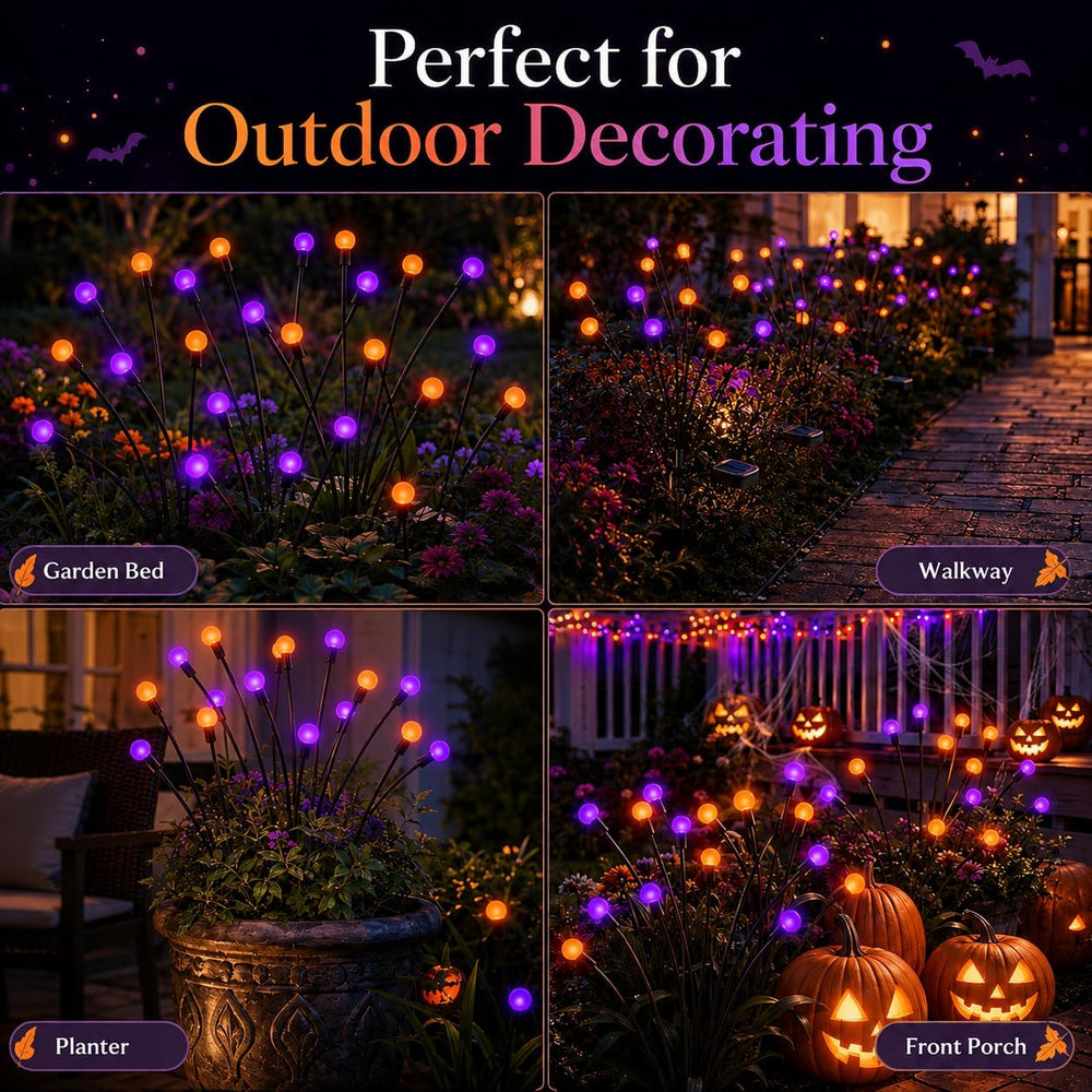 Solar Firefly Lights Outdoor, 4 Pack Orange Purple Halloween Yard Decor