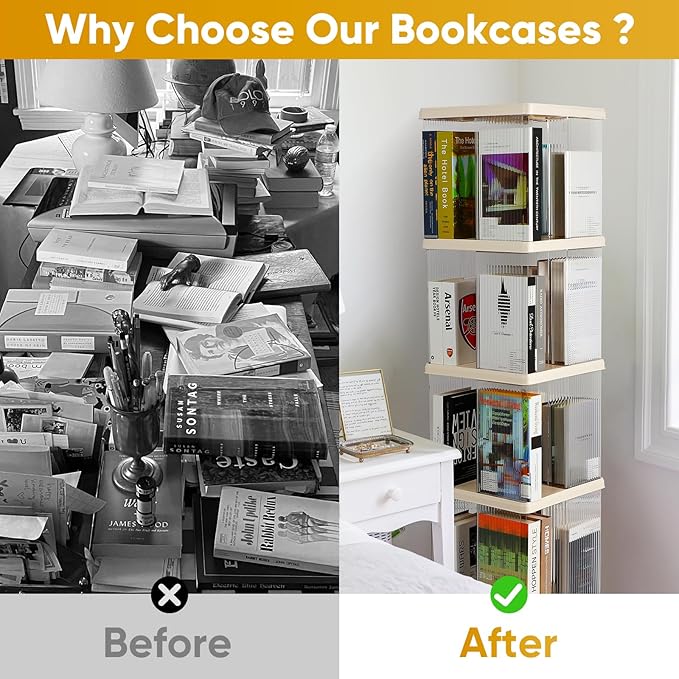 FAHKNS 4 Tier Rotating Bookshelf,360°Display Floor Standing Bookcase,Book She...