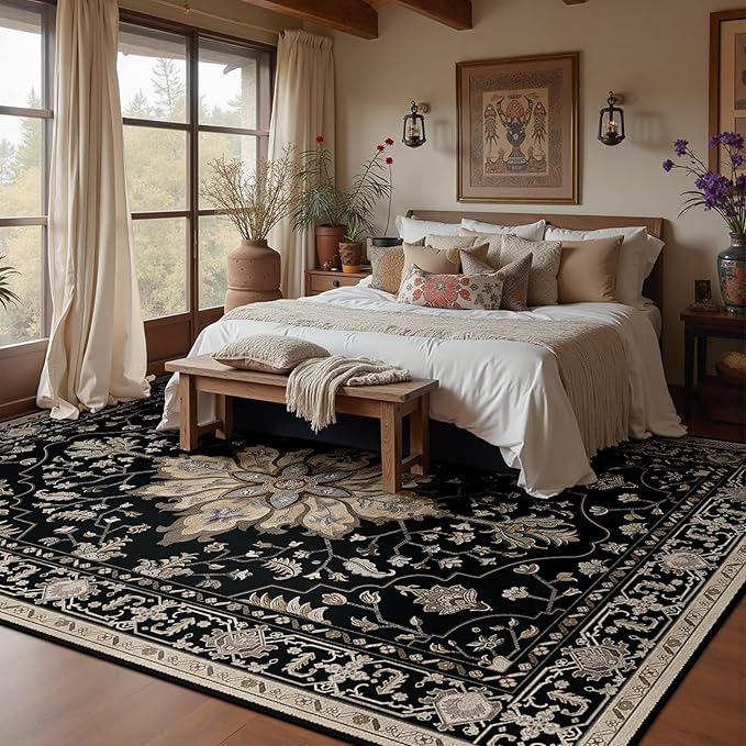 Area Rugs 7'x9' Washable Non-Slip, Floral Vintage Distress Print Pattern - Image 2