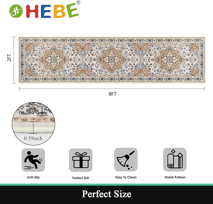 HEBE Hallway Runner Rug 2'x8' Washable Vintage Distressed Area Rugs Non Slip - Image 2