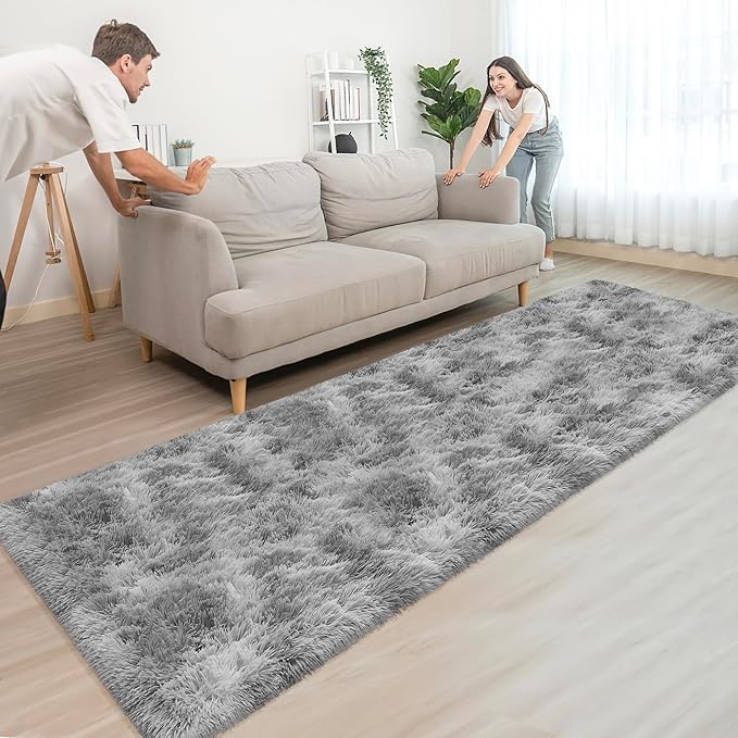Super Soft Fluffy Living Room Area Rug 3x10 ft Tie-Dyed Light Grey Shaggy Furry - Image 2