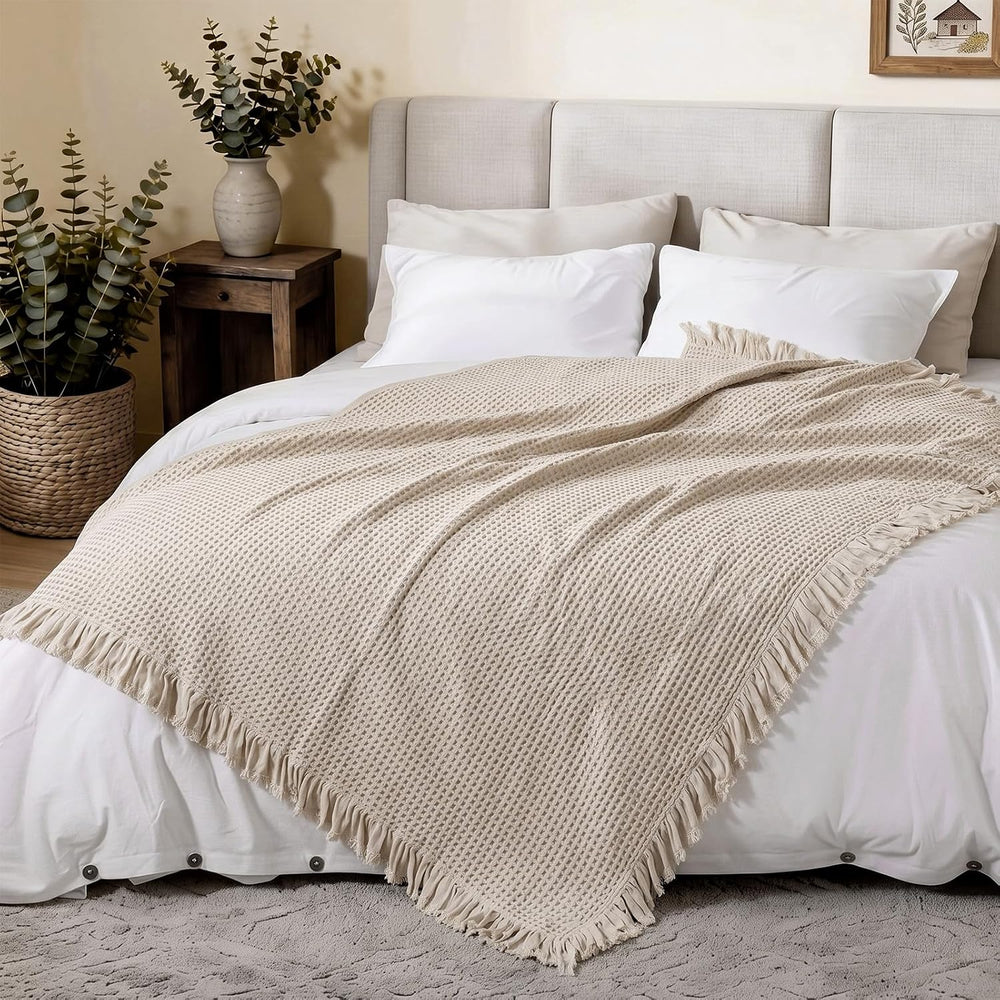 Tegeme Waffle Weave Blanket Cotton Beige Ruffle Throw Blanket