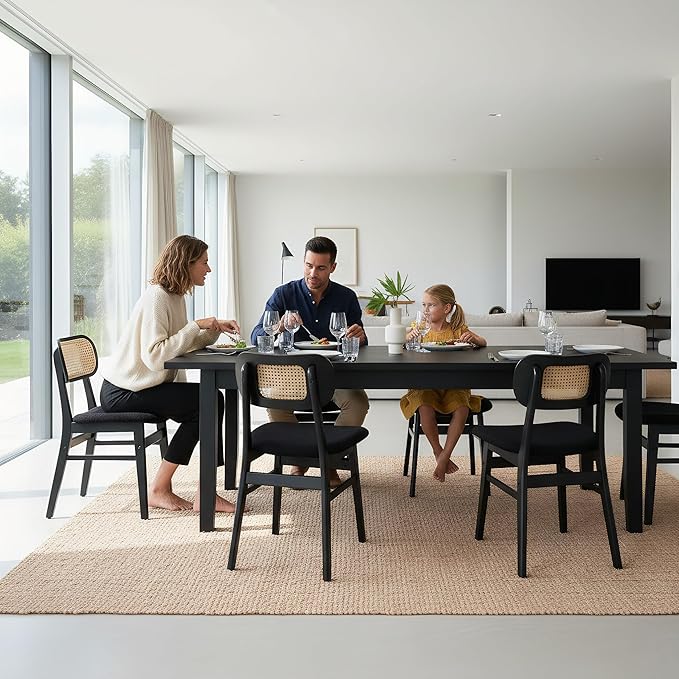 Black Rattan Dining Chairs Set of 4 Lambswool Dining Room Chairs Natural Wood...