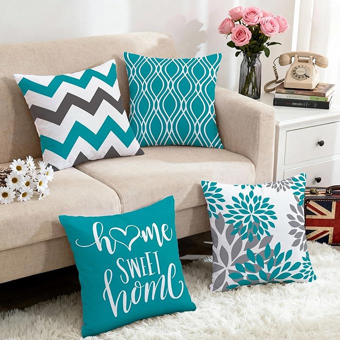 Hexagram Geometric Teal Pillow Covers 18x18 Set of 4, Decorative Outdoor Boho - Image 5