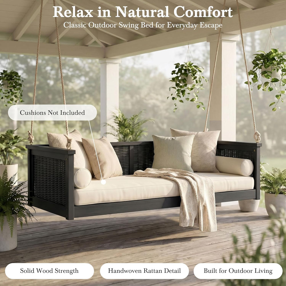 LUMISOL Twin Size Outdoor Porch Swing Bed, Solid Wood Rattan Swing Daybed Fra...