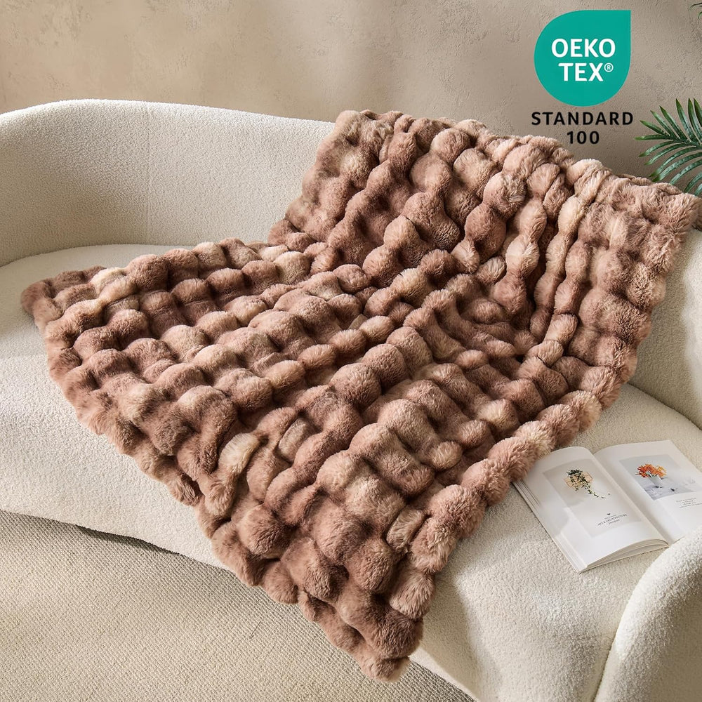 DOWNCOOL Faux Fur Throw Blanket, Plush Bubble Blanket 50"x60" Tie-d...