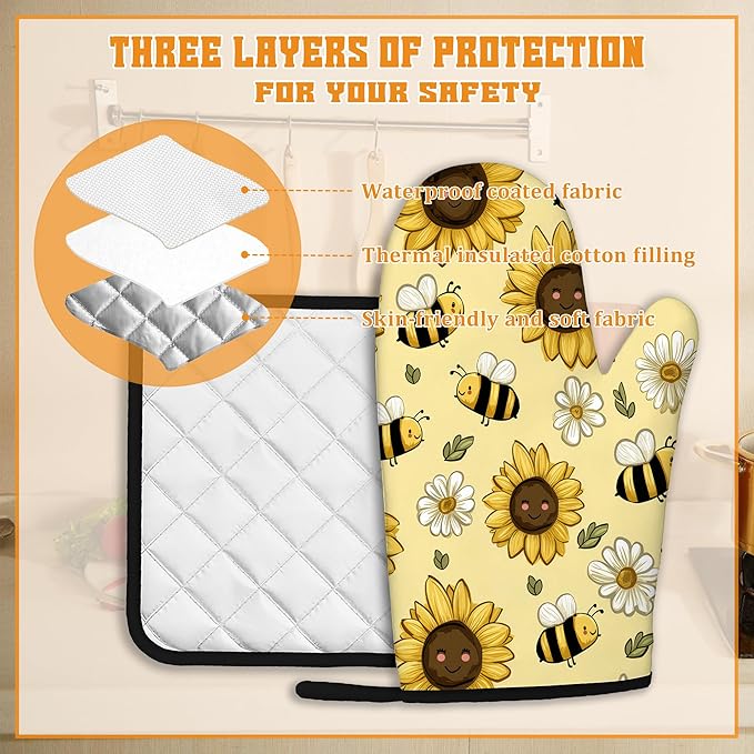 Sunflower Bee Oven Mitts and Pot Holders Set, Daisy Kitchen Oven Gloves and Pot - Image 3