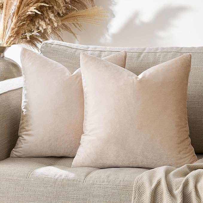 GIGIZAZA Beige Velvet Pillow Covers: Pack of 2 Super Soft Throw Pillows Solid - Image 8