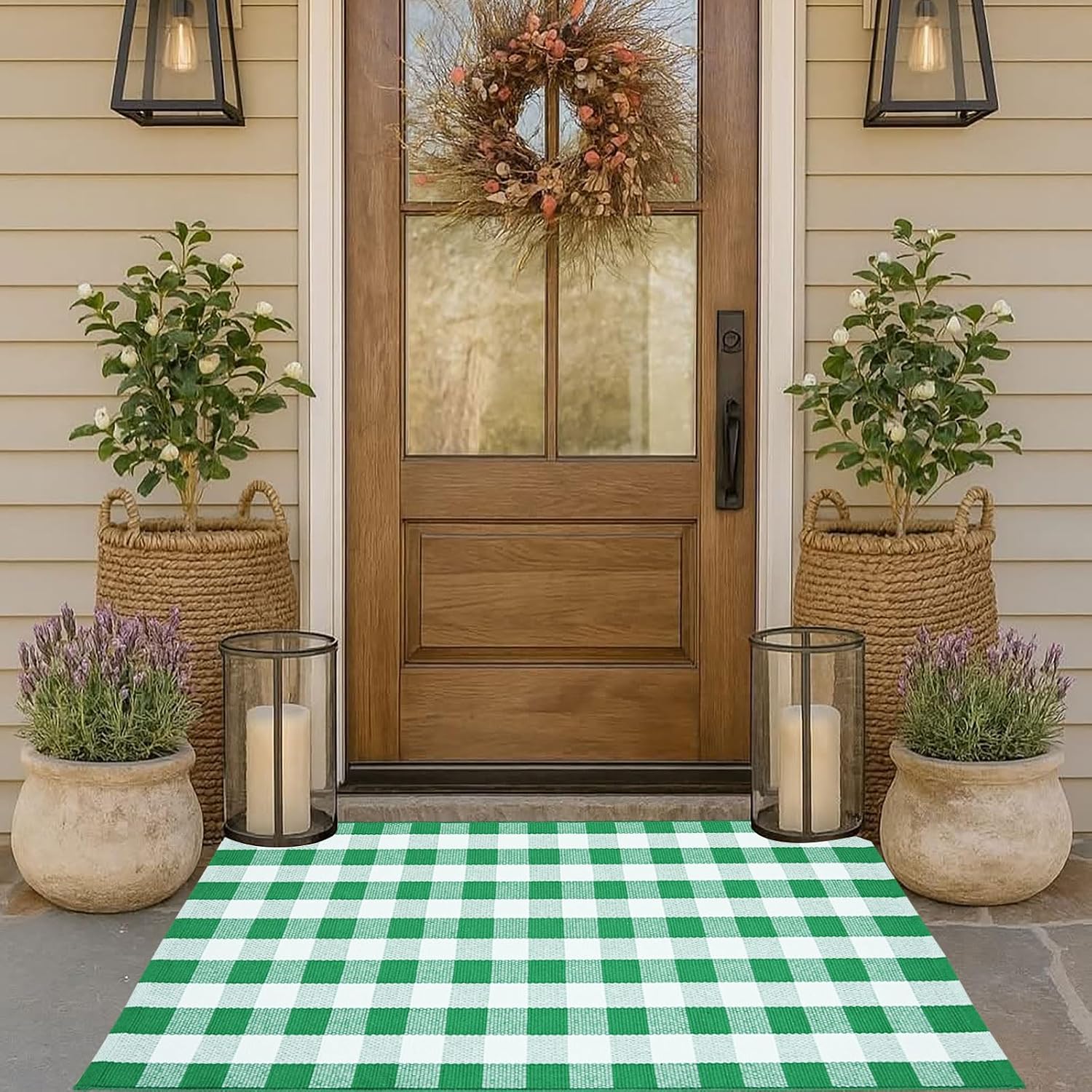 CAINANEL Buffalo Plaid Outdoor Rug Green and White Spring Door Mat Layering Rug Welcome Doormats for Spring Easter Farmhouse Entrance Porch Outdoors Decor