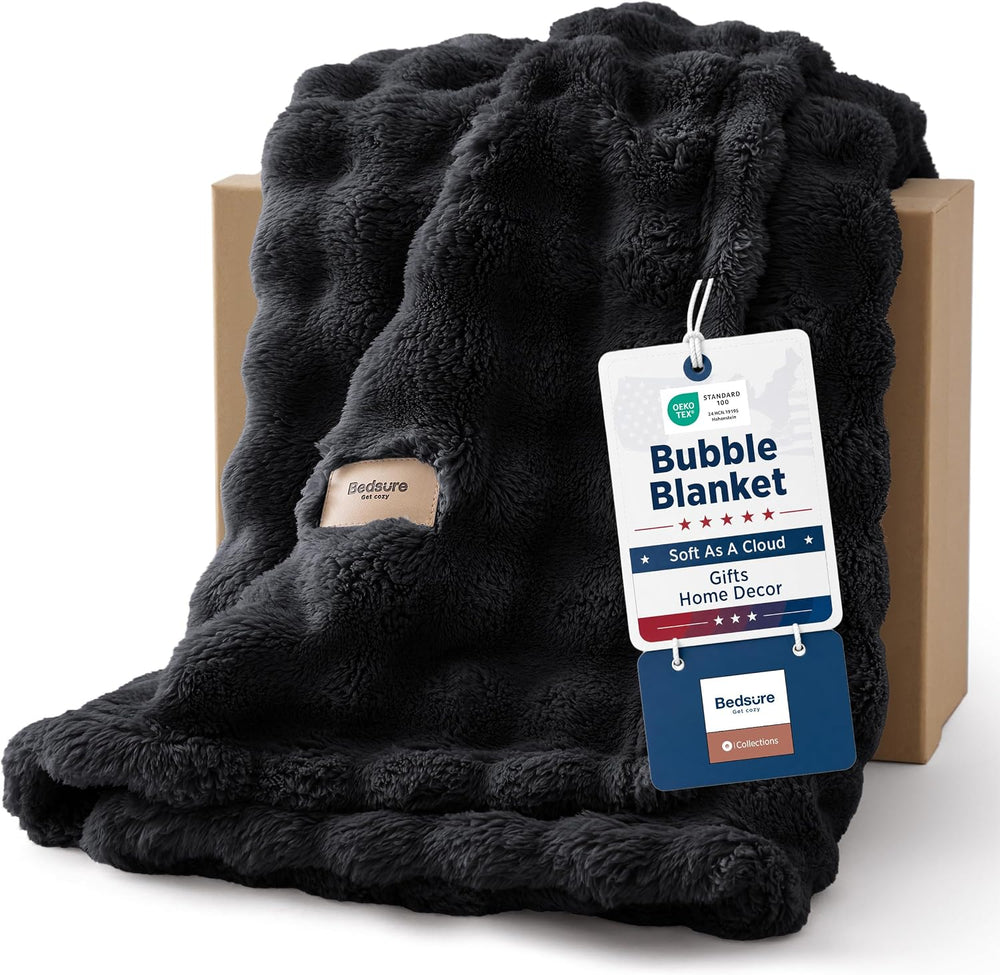 Bedsure Cloud Bubble Fleece Queen Blanket for Bed, Black, 90"×90"
