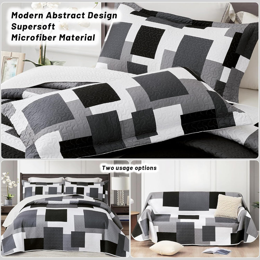 3 Piece Black Grey Quilt King Size Black White Gray Bedding Set