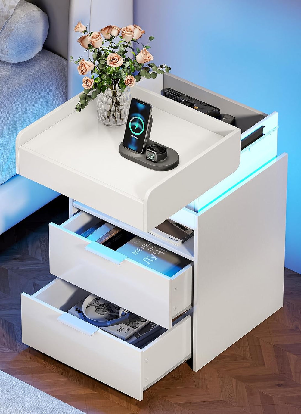 Turosur White Nightstand with Charging Station and LED Lights, Modern Beside ...