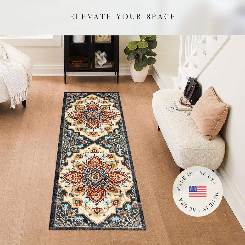 Maples Rugs Ruby Oriental Runner Rug - Made in USA - Washable, Non Slip Indoor Carpet for Hallway, Kitchen, and Laundry Room, 2' x 6', Red/Gold