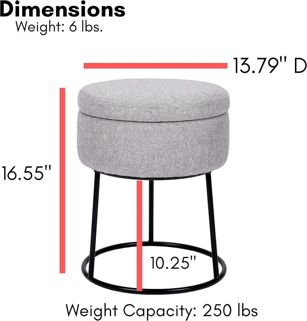 BIRDROCK HOME Grey Linen Storage Stool Ottoman w/Black Metal Leg Base, Soft C...