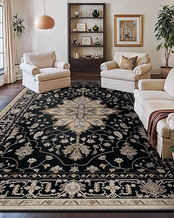 Area Rugs 10'x14' Washable Non-Slip, Floral Vintage Distress Print Pattern by RELEANY