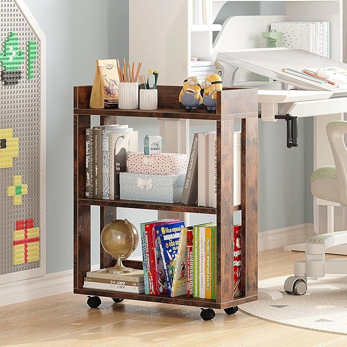 ALISENED 3 Tier Nightstand with Wheels, Wood Small Bookshelf and Bookcase, Fa...