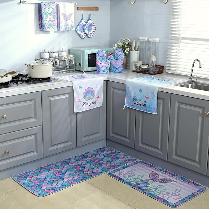 Fourluoo 10 Pcs Mermaid Kitchen Dish Towels Rugs Oven Mitts and Pot Holders Set - Image 4