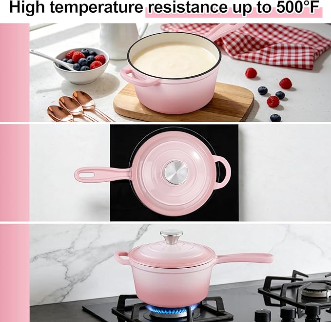 2 Quart Sauce Pan with Lid, Leonyo Small Cooking Pots, Enameled Cast Iron - Image 4