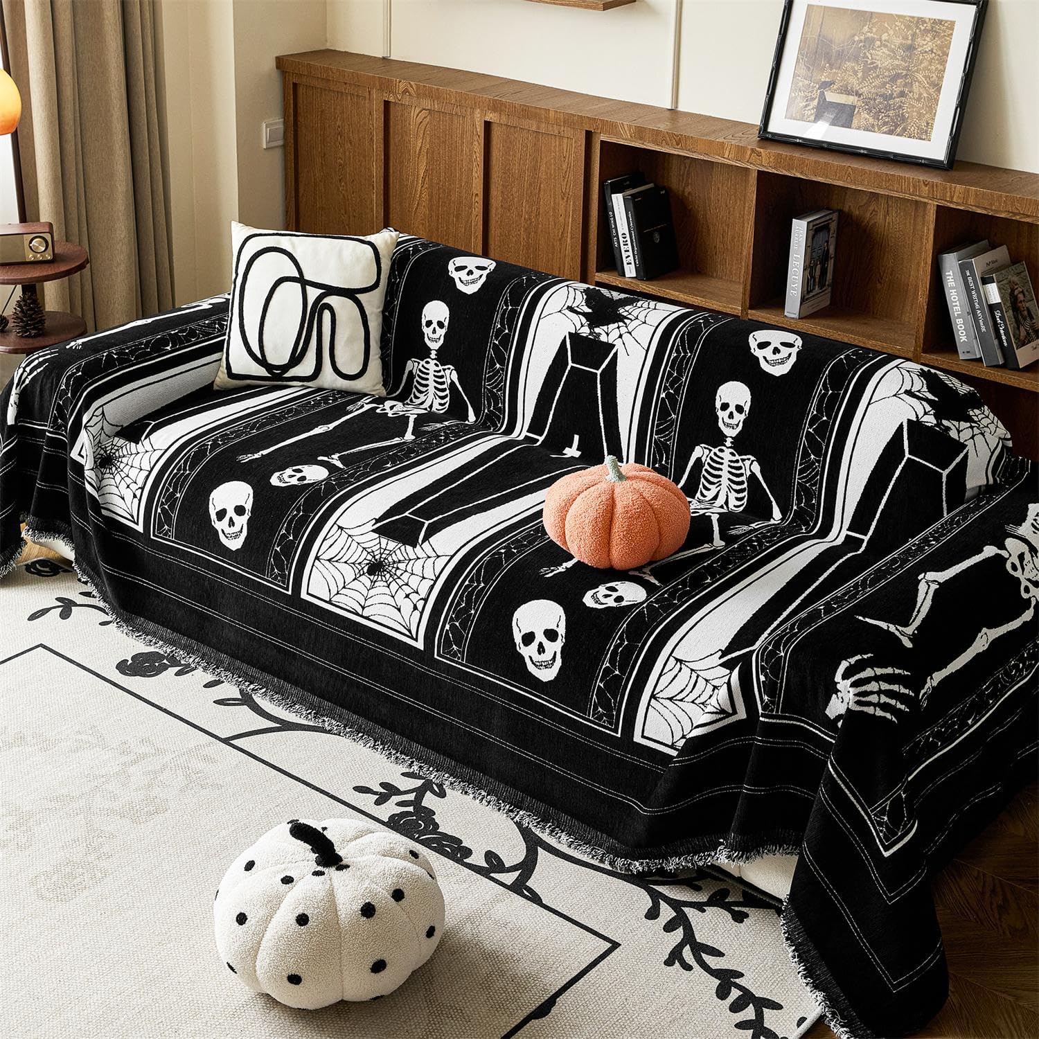 Cmfshape Halloween Sofa Couch Cover,Skull Prank Sofa Slipcovers for 3 Cushion Couch,Black Sofa Towel for Living Room Sectional,Furniture Protector for Pets,Kids-71"x102"