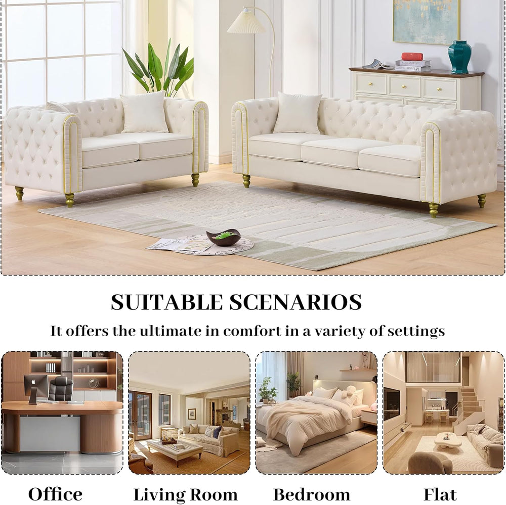 Chesterfield 86" 3-Seater + 63" Loveseat White Velvet Sofa Sets, 3+...