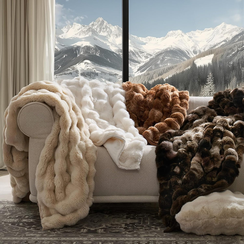 Faux Rabbit Fur Bubble Throw Blanket, 60"x80", Cream