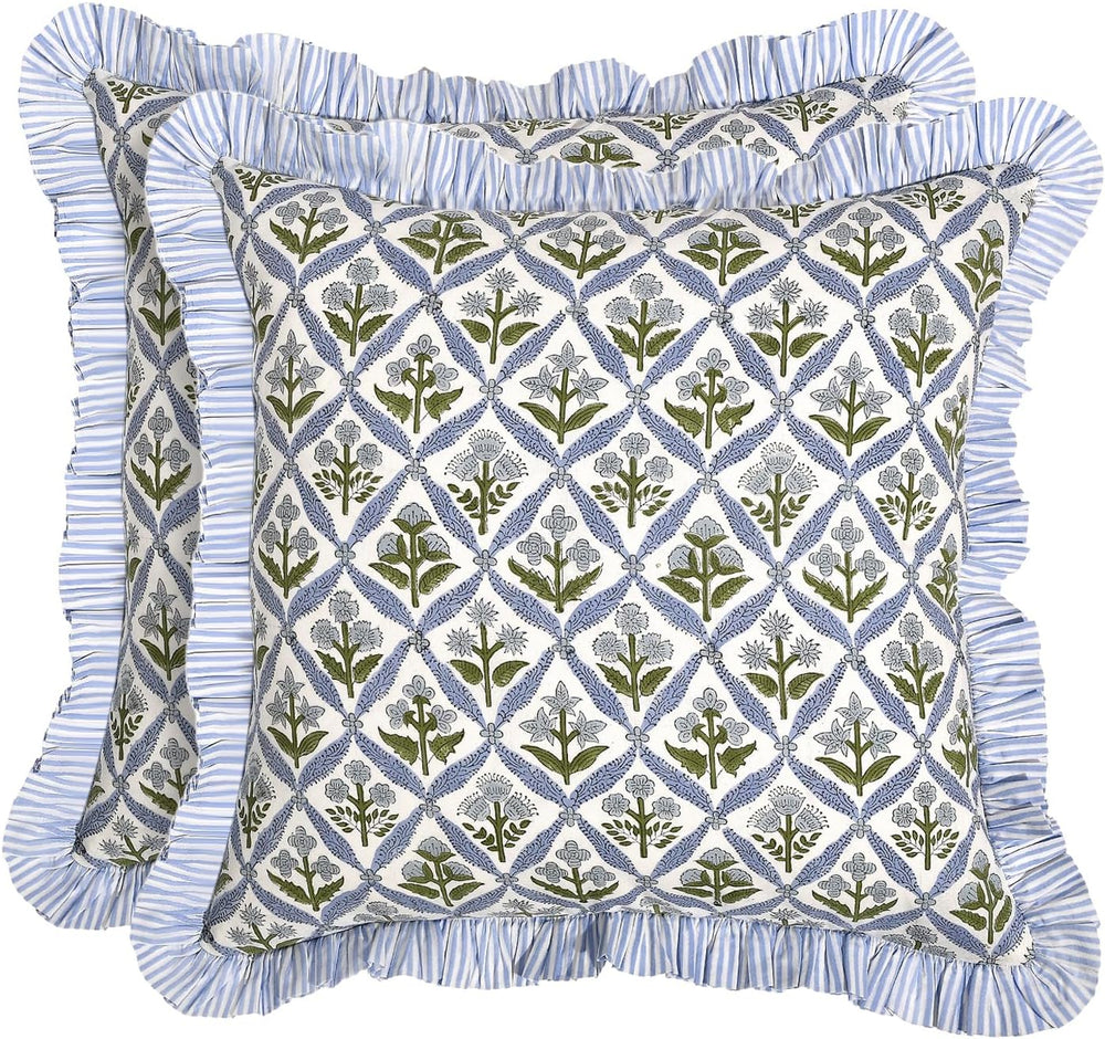 Ridhi Light Steel Blue Floral Block Print Throw Pillow Covers 18 x 18 Inch (S...