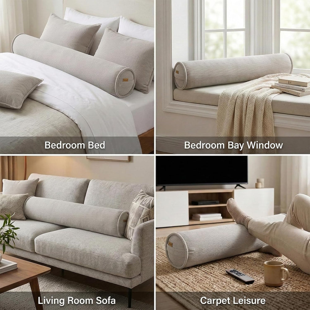 Corduroy Long Pillow for Bed, 39 x 7.87 Inches, Beige Gray