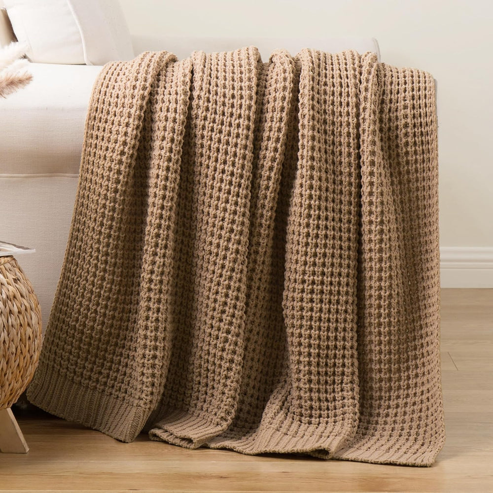 Beige Throw Blanket for Couch, Tan Waffle Knitted Throw Blankets 50"x60&...