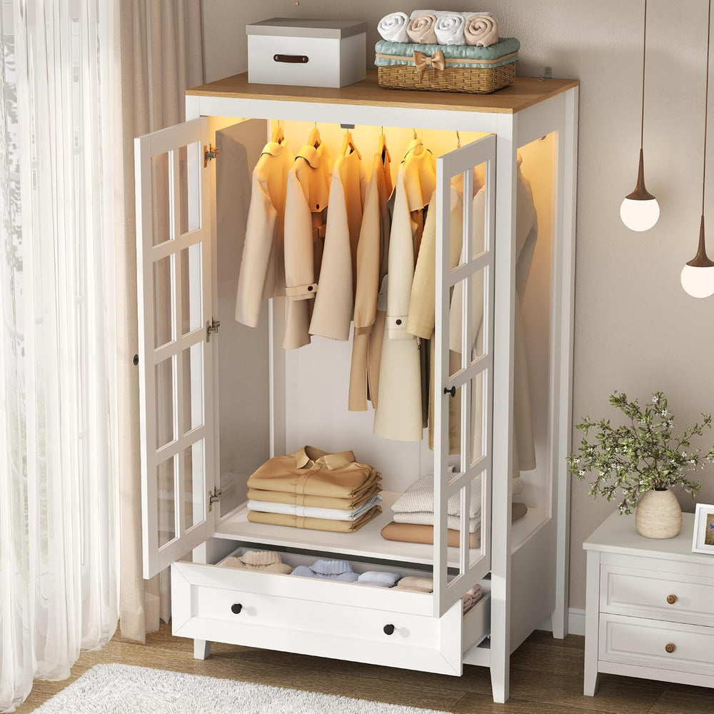 Gyfimoie Armoire Wardrobe Closet with LED Lights, 55'' Modern Clothin...