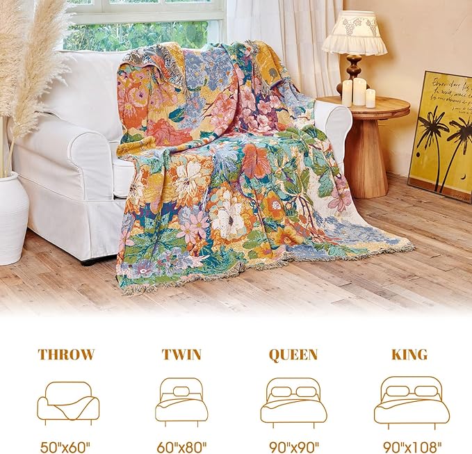 MSGKV Boho Throw Blanket for Bed 60"x80" Cotton Couch Blankets Floral Twin Size - Image 6