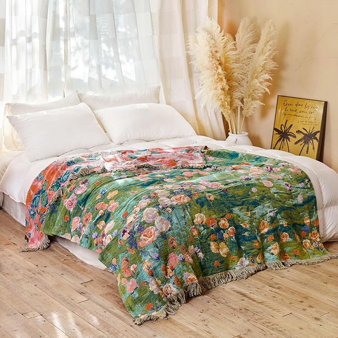 MSGKV Boho Throw Blanket for Couch Cotton Floral Blanket 50"x60" for Sofa Chair - Image 5
