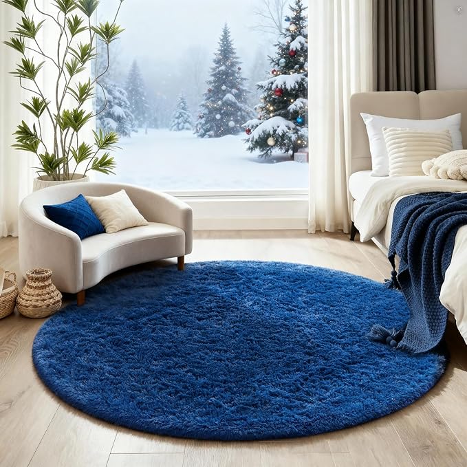 Ophanie Blue Round Rug 4Ft Circle Area Rug, Boys Room Decor, Fluffy Fuzzy Plush - Image 5